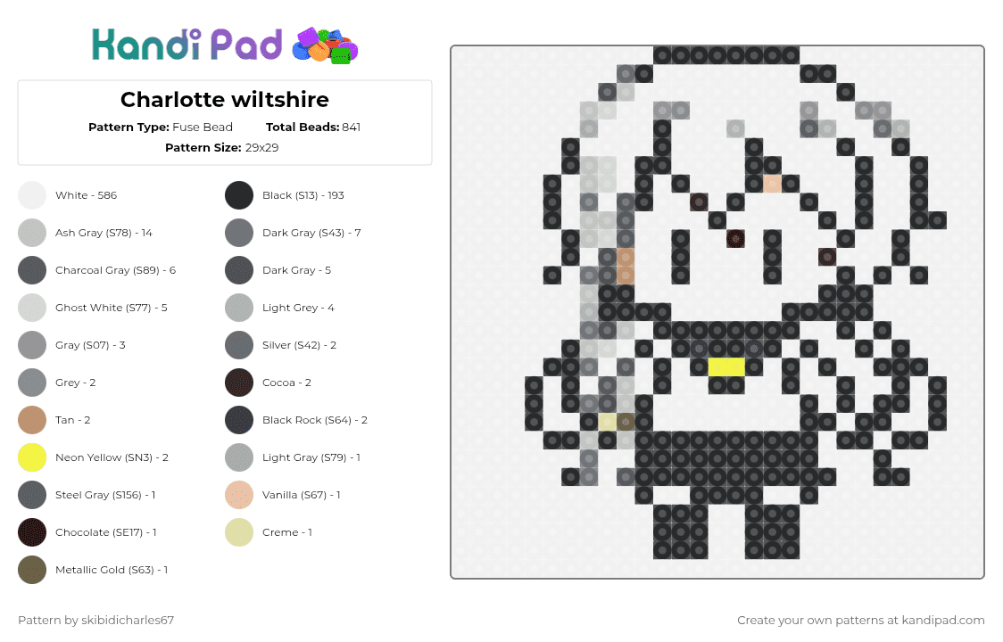 Charlotte wiltshire - Fuse Bead Pattern by skibidicharles67 on Kandi Pad - white,gray,beige