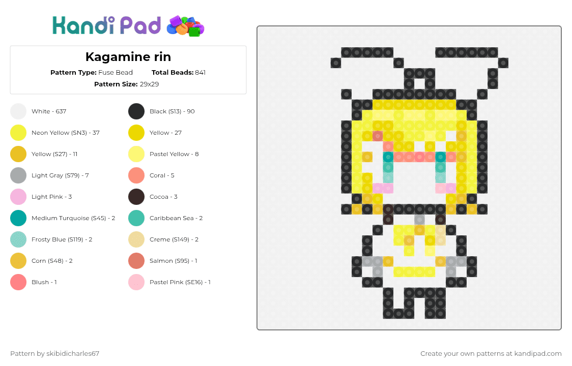 Kagamine rin - Fuse Bead Pattern by skibidicharles67 on Kandi Pad - white,yellow