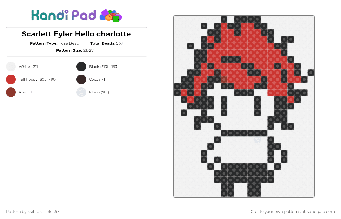 Scarlett Eyler Hello charlotte - Fuse Bead Pattern by skibidicharles67 on Kandi Pad - white,red