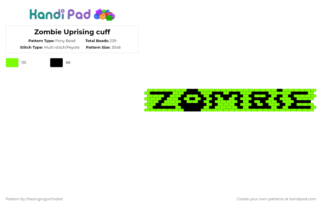 Zombie Uprising cuff - Pony Bead Pattern by gl1tt3r4x3 on Kandi Pad - black, green