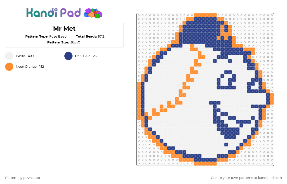 Mr Met - Fuse Bead Pattern by pizzasnob on Kandi Pad - mets,baseball,mascot,logo,team,sports,mr met,mlb,new york mets,white,orange,blue