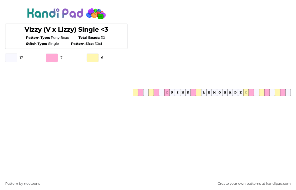 Vizzy (V x Lizzy) Single - Pony Bead Pattern by deleted_user_583549 on Kandi Pad - pink,yellow,vizzy,v x lizzy,wlw,gl,lesbians,murder drones,md,pink lemonade