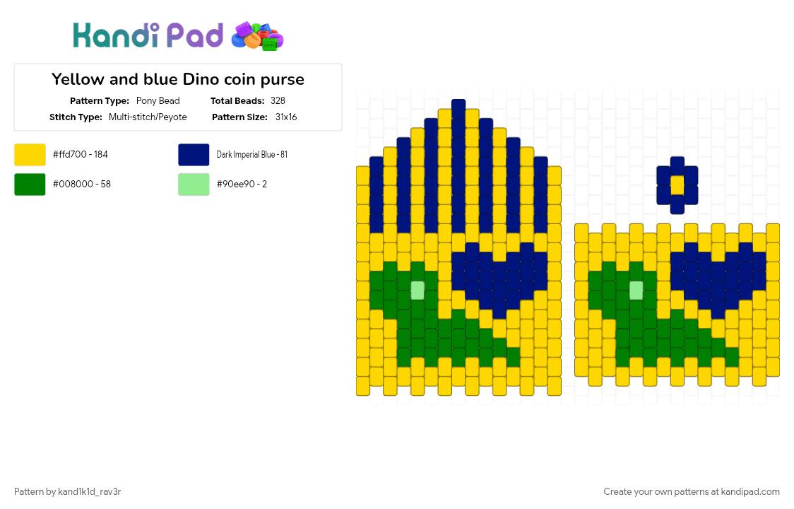 Yellow and blue Dino coin purse - Pony Bead Pattern by kand1k1d_rav3r on Kandi Pad - purple, yellow