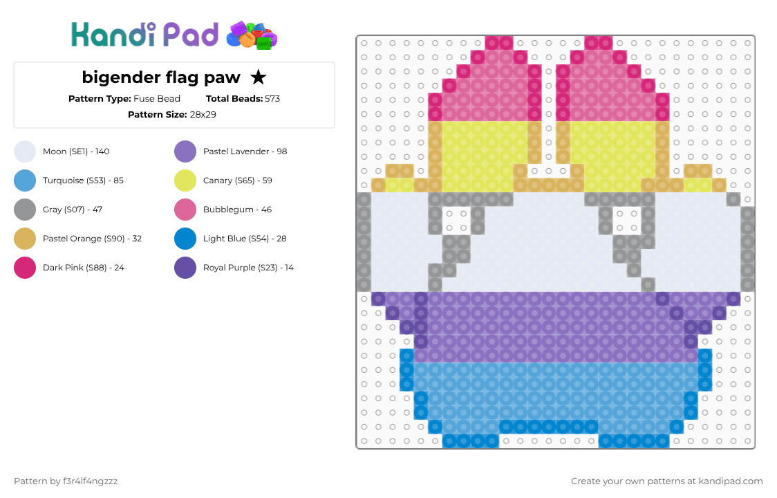 bigender flag paw  ★ - Fuse Bead Pattern by f3r4lf4ngzzz on Kandi Pad - blue,pink,yellow,light blue,lgbtq,pride,paw,charm,bigender