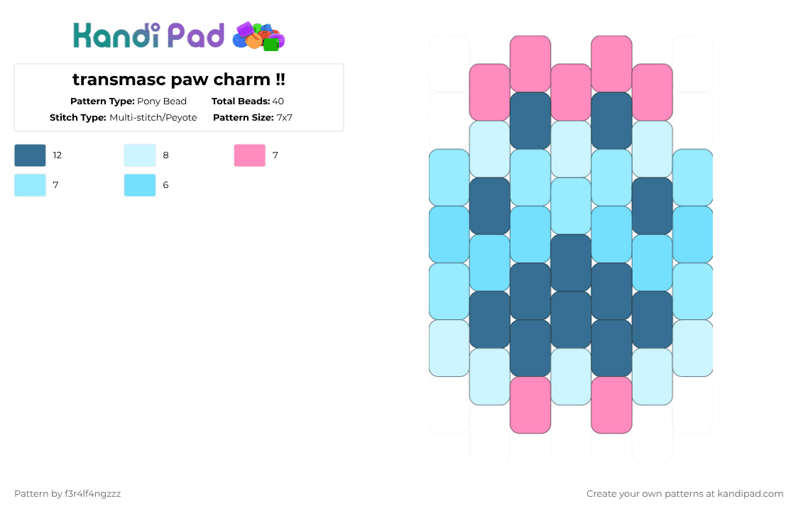 transmasc paw charm !! - Pony Bead Pattern by f3r4lf4ngzzz on Kandi Pad - light blue,pride,trans,transmasc,paw,charm