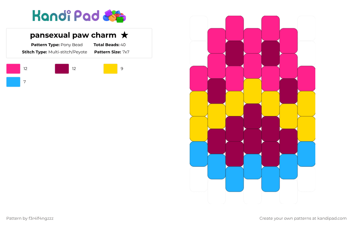 pansexual paw charm  ★ - Pony Bead Pattern by f3r4lf4ngzzz on Kandi Pad - pink,lgbtq,pride,pan,pansexual,paw,charm