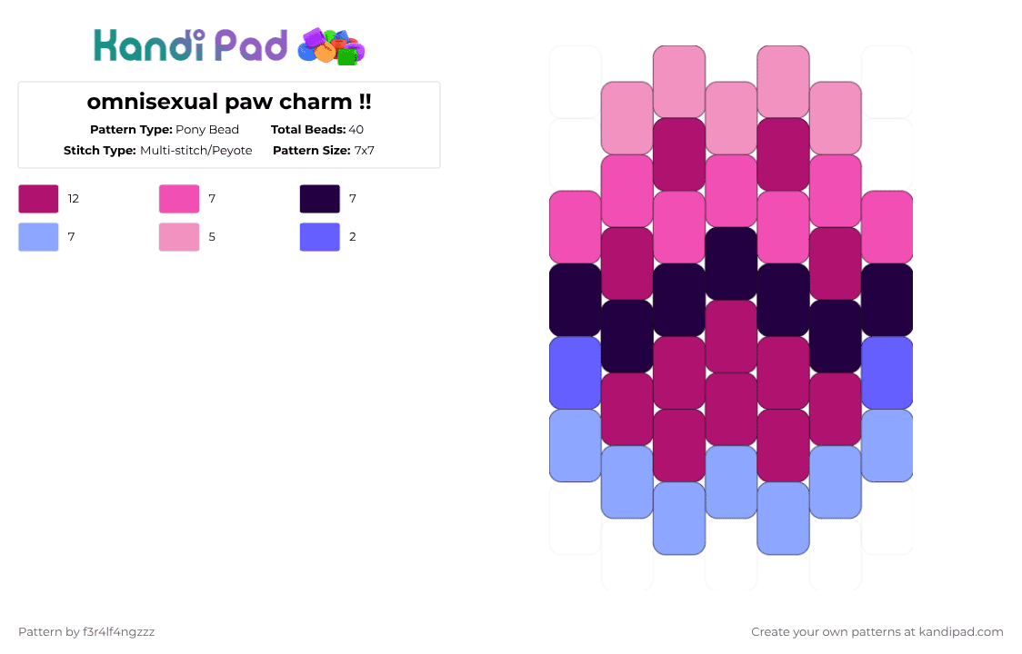 omnisexual paw charm !! - Pony Bead Pattern by f3r4lf4ngzzz on Kandi Pad - pink,pride,omnisexual,omni,paw,charm