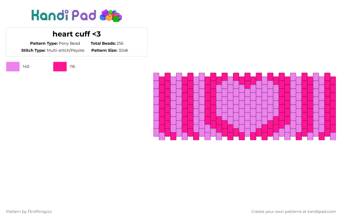 heart cuff - Pony Bead Pattern by f3r4lf4ngzzz on Kandi Pad - pink,cotdvalentinesday2026,valentines,hearts,valentinesday