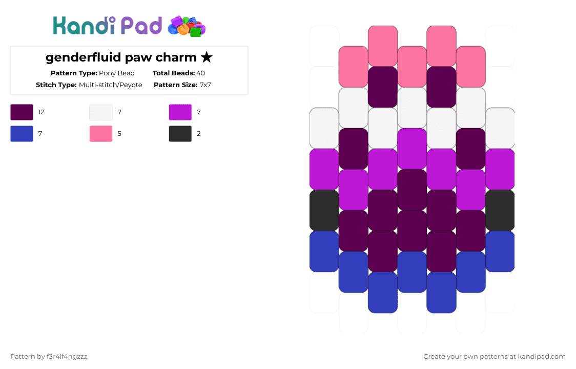 genderfluid paw charm ★ - Pony Bead Pattern by f3r4lf4ngzzz on Kandi Pad - pink,lgbtq,pride,genderfluid,paw,charm