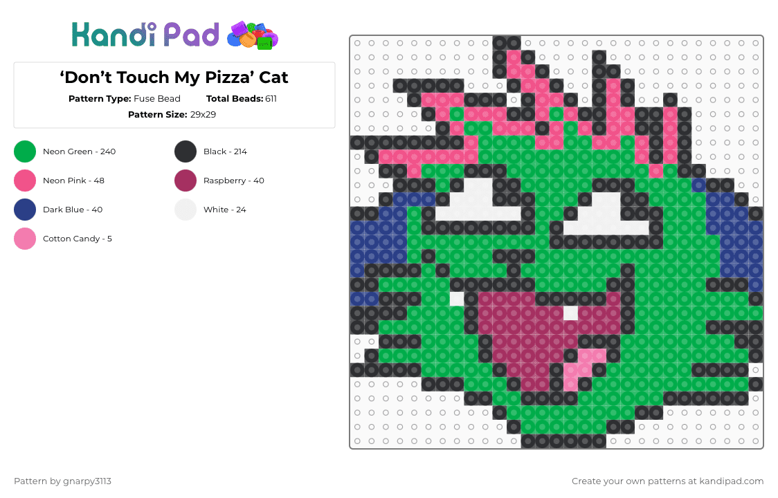 ‘Don’t Touch My Pizza’ Cat - Fuse Bead Pattern by gnarpy3113 on Kandi Pad - green,donttouchmypizza,neon,epic face,cat