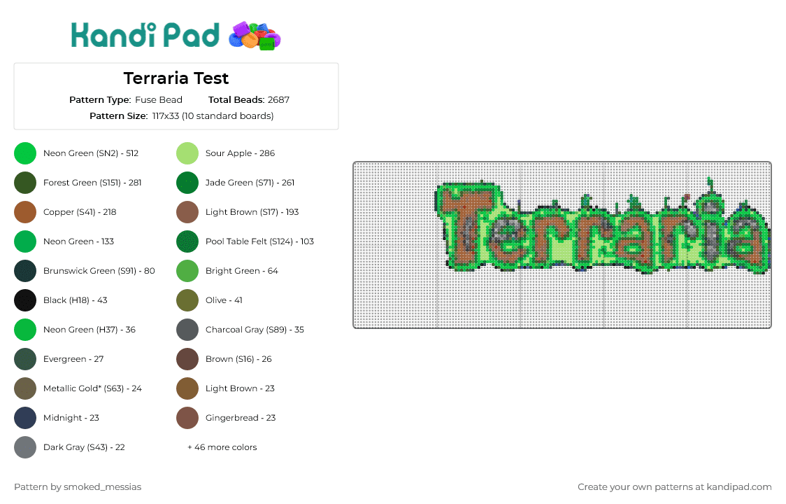 Terraria Test - Fuse Bead Pattern by smoked_messias on Kandi Pad - terraria,gaming,sandbox,adventure,logo,game title,pixel art,green