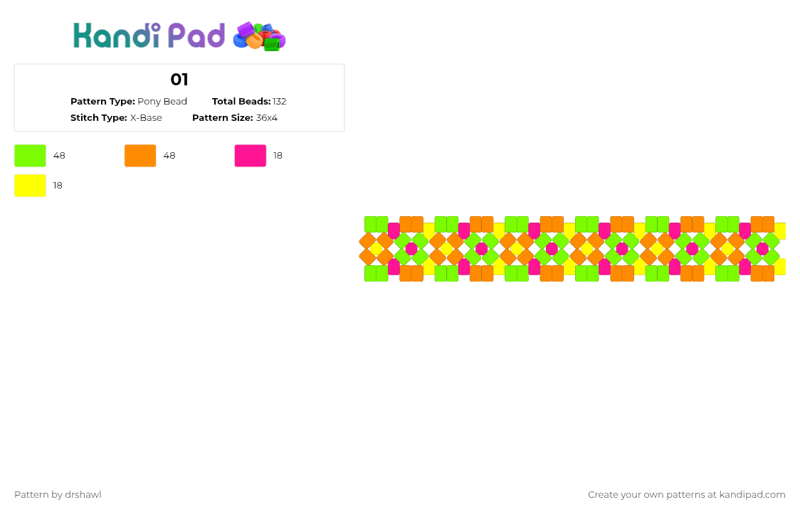 01 - Pony Bead Pattern by drshawl on Kandi Pad - sherbet,cuff,green,orange,hot pink,pink,yellow,xbase