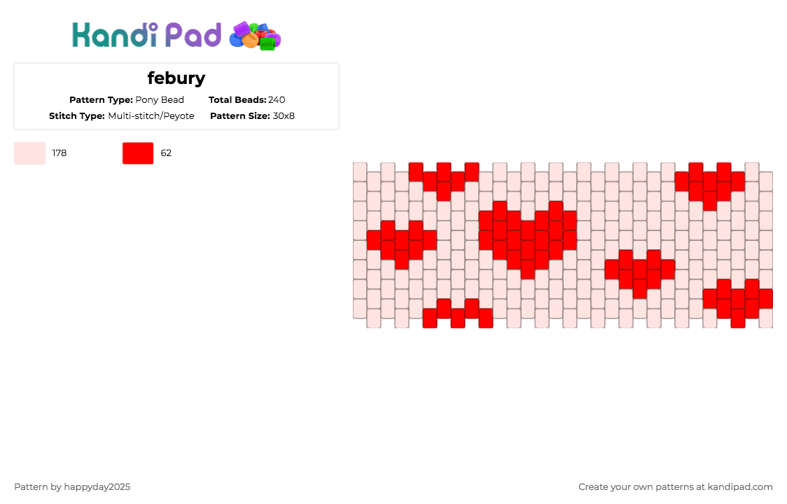febury - Pony Bead Pattern by happyday2025 on Kandi Pad - cuff, hearts, holiday, love, valentine, white