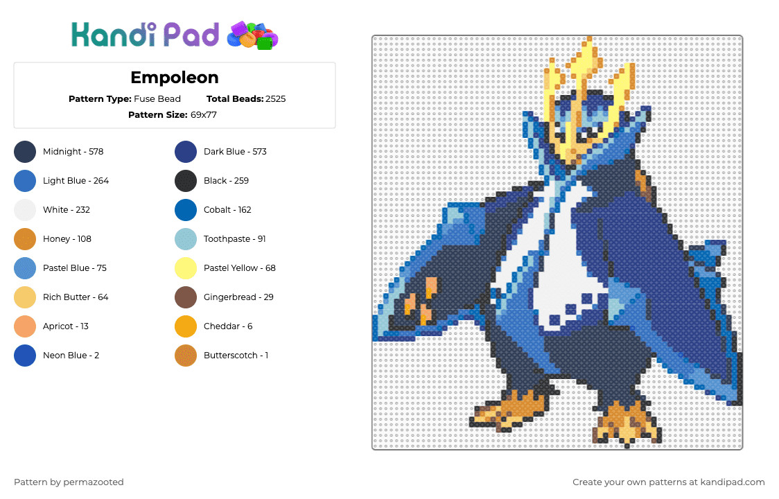 Empoleon - Fuse Bead Pattern by permazooted on Kandi Pad - blue, purple