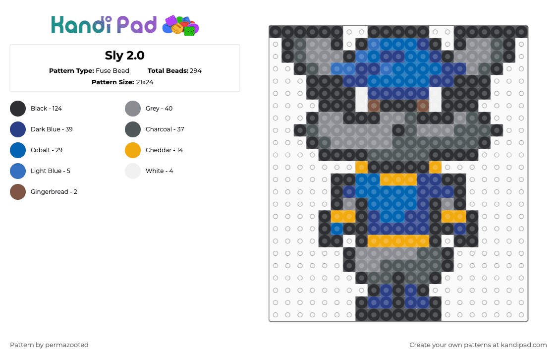 Sly 2.0 - Fuse Bead Pattern by permazooted on Kandi Pad - sly cooper,character,video game,sly,cartoon,animal,gaming,blue,pink,gray