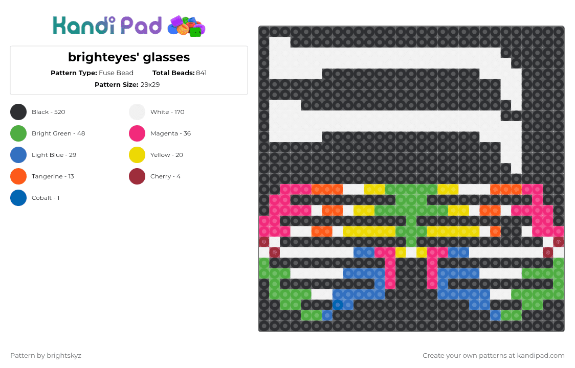 brighteyes\' glasses (fail) - Fuse Bead Pattern by brightskyz on Kandi Pad - black,white,pink,green,colorful,roblox