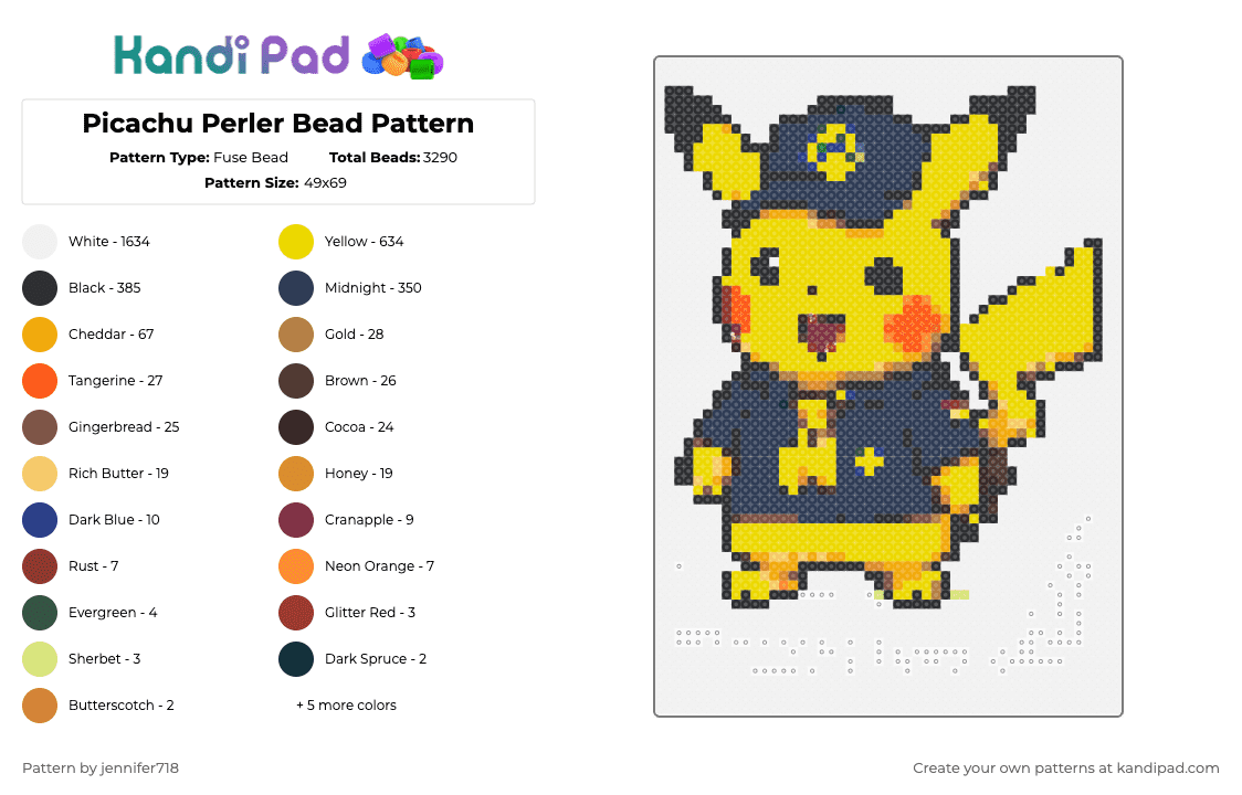 Picachu Perler Bead Pattern - Fuse Bead Pattern by jennifer718 on Kandi Pad - white,purple,yellow,orange