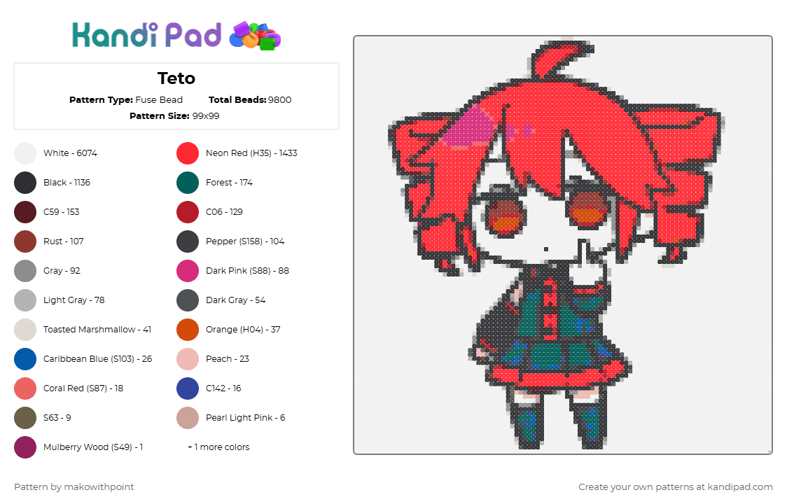Teto - Fuse Bead Pattern by makowithpoint on Kandi Pad - white,gray,red