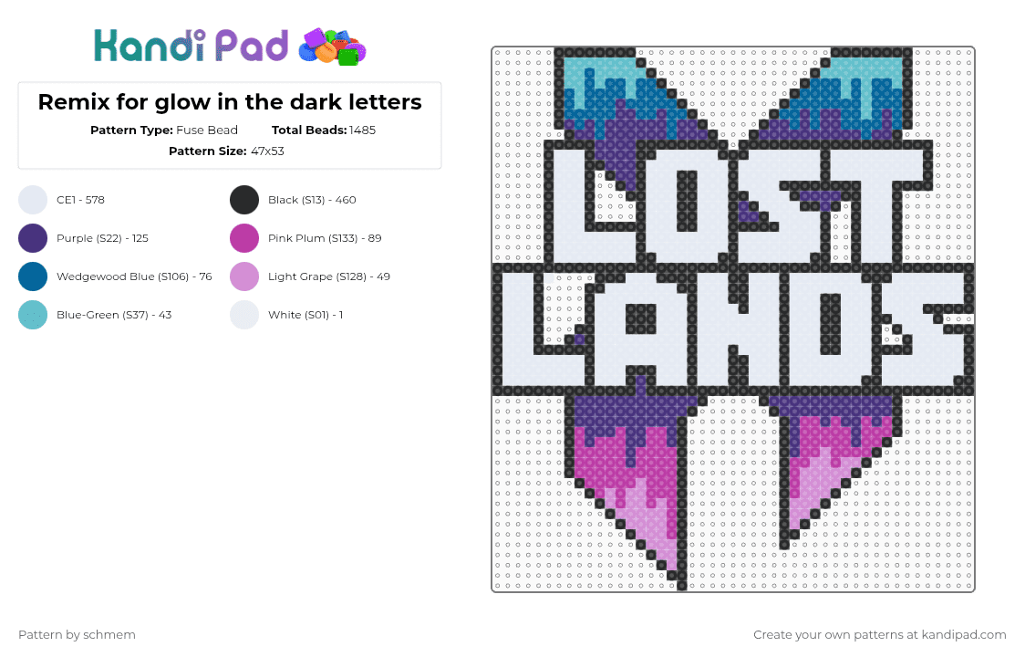 Remix for glow in the dark letters - Fuse Bead Pattern by schmem on Kandi Pad - lost lands,logo,excision,festival,edm,music,white,purple,pink