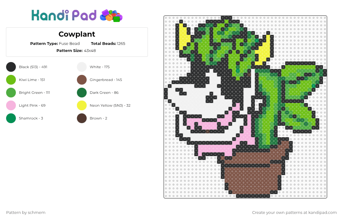 Cowplant - Fuse Bead Pattern by schmem on Kandi Pad - plant,cow,mashup,animal,green,tan