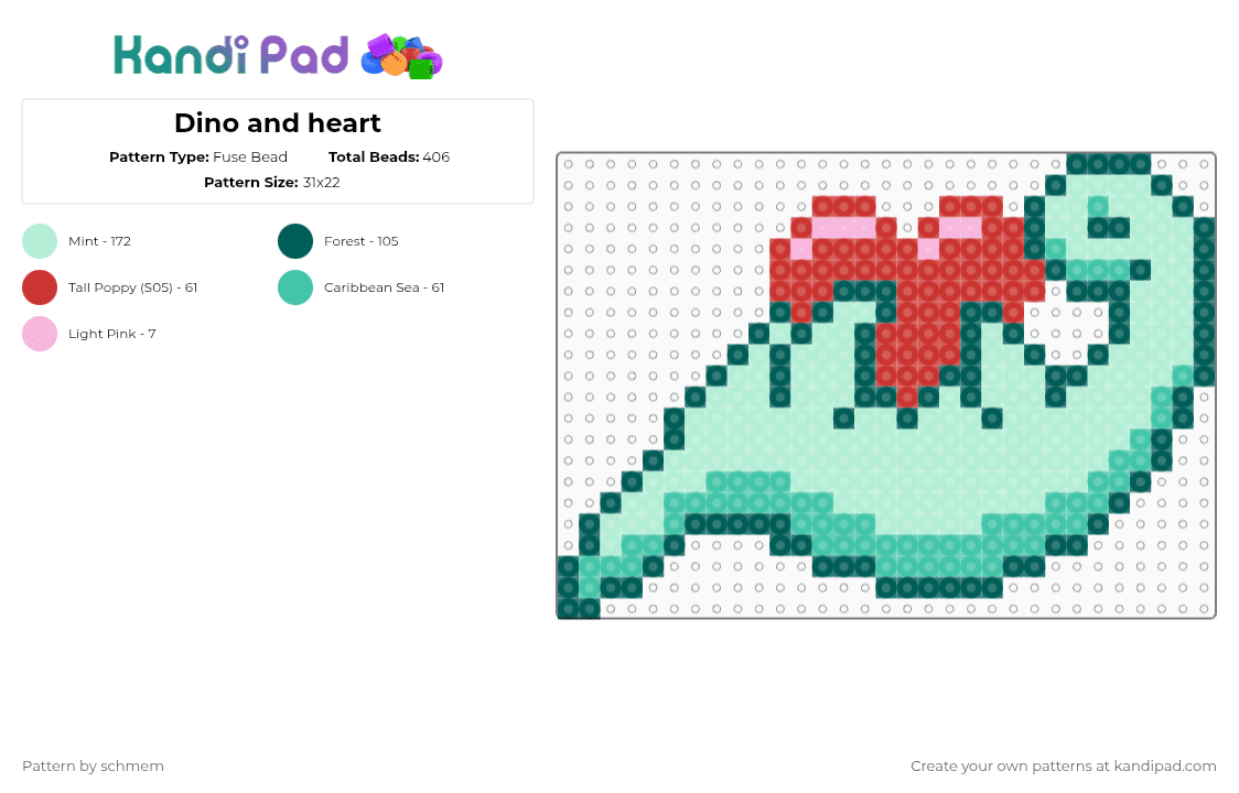 Dino and heart - Fuse Bead Pattern by schmem on Kandi Pad - dinosaur,heart,love,cute,dino,animal,cartoon,prehistoric,gray,light blue
