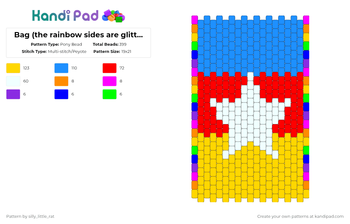 Bag (the rainbow sides are glitter :3) - Pony Bead Pattern by silly_little_rat on Kandi Pad - yellow,red,light blue,kandi,bag,peyote stich,primary colors
