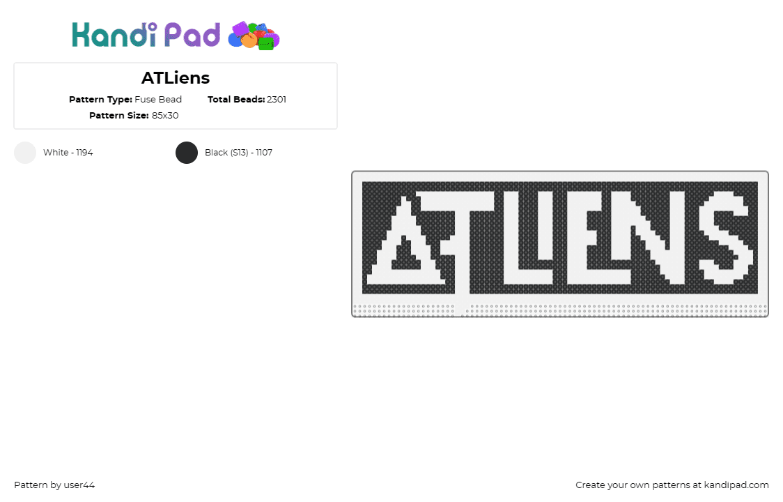 ATLiens - Fuse Bead Pattern by user44 on Kandi Pad - atliens,dj,edm,music,typography,urban,modern,entertainment,electronic,black,whit