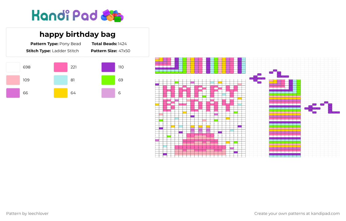 happy birthday bag - Pony Bead Pattern by leechlover on Kandi Pad - white,pink