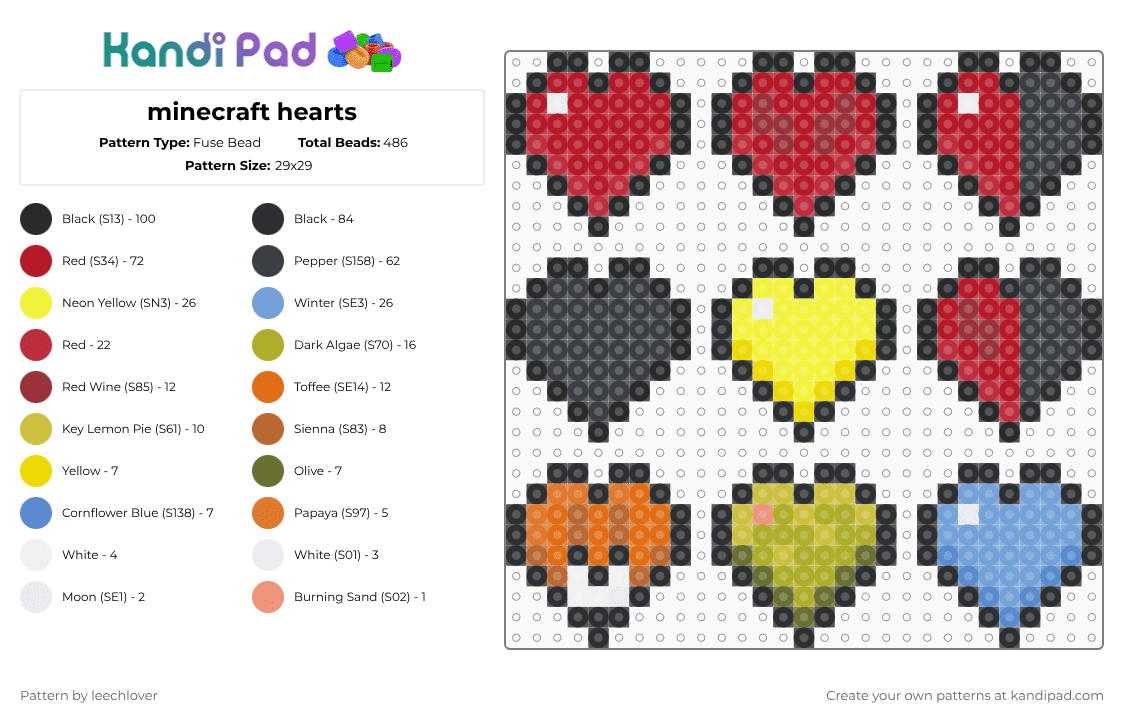 minecraft hearts - Fuse Bead Pattern by leechlover on Kandi Pad - black,red,yellow,light blue