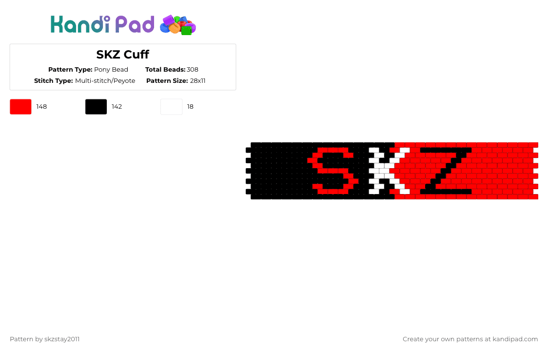 SKZ Cuff - Pony Bead Pattern by skzstay2011 on Kandi Pad - red