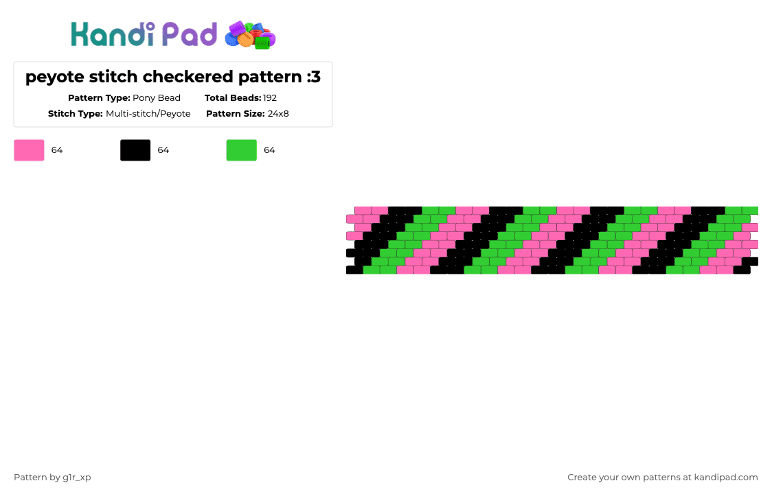 peyote stitch checkered pattern :3 - Pony Bead Pattern by g1r_xp on Kandi Pad - pink,green