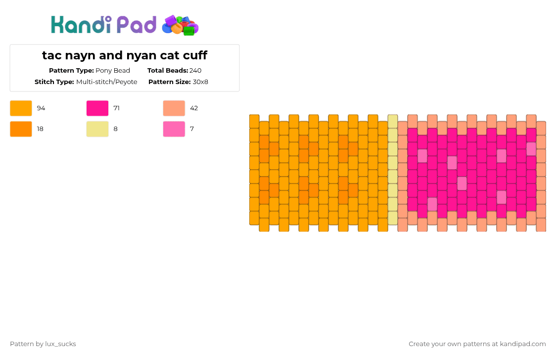 tac nayn and nyan cat cuff - Pony Bead Pattern by lux_sucks on Kandi Pad - orange,pink,nyancat,tacnayn,cuff,tuff