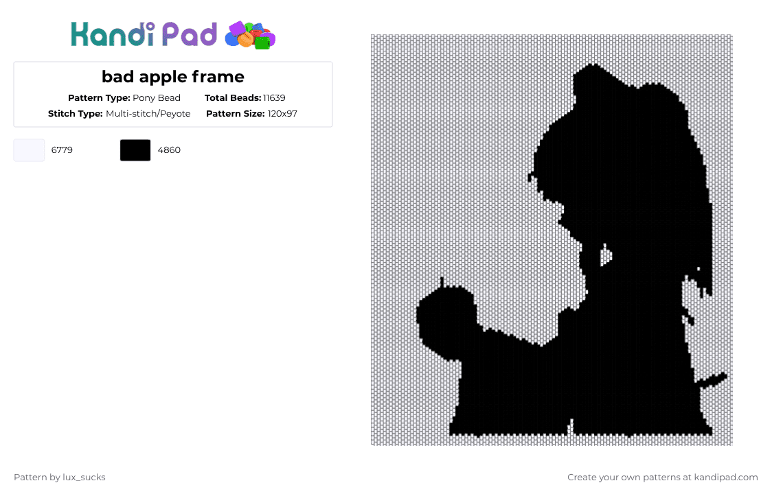 bad apple frame - Pony Bead Pattern by lux_sucks on Kandi Pad - white,black,badapple,apple