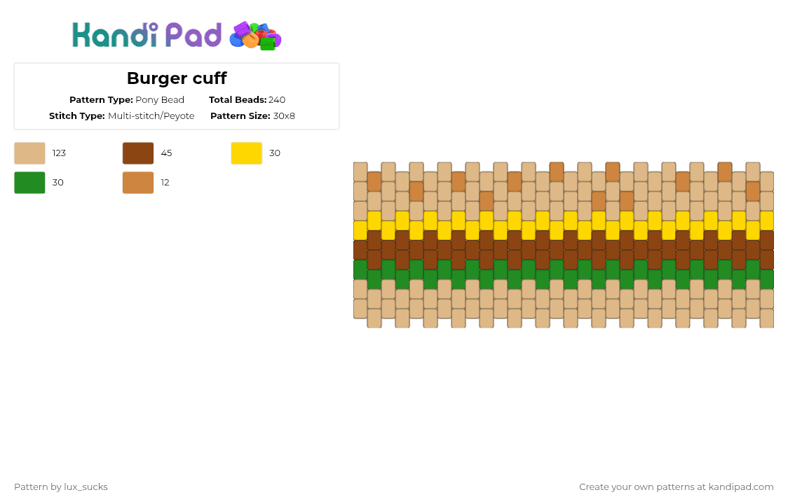 Burger cuff - Pony Bead Pattern by lux_sucks on Kandi Pad - beige,red,burger,food,yummers