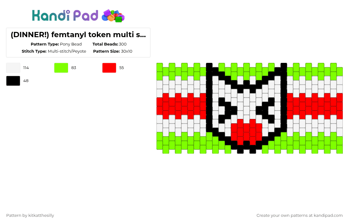 (DINNER!) femtanyl token multi stitch cuff!! variant #2 - Pony Bead Pattern by kitkatthesilly on Kandi Pad - red,green,femtanyl,token,music,artist,dinner,cat,cuff,multistitch