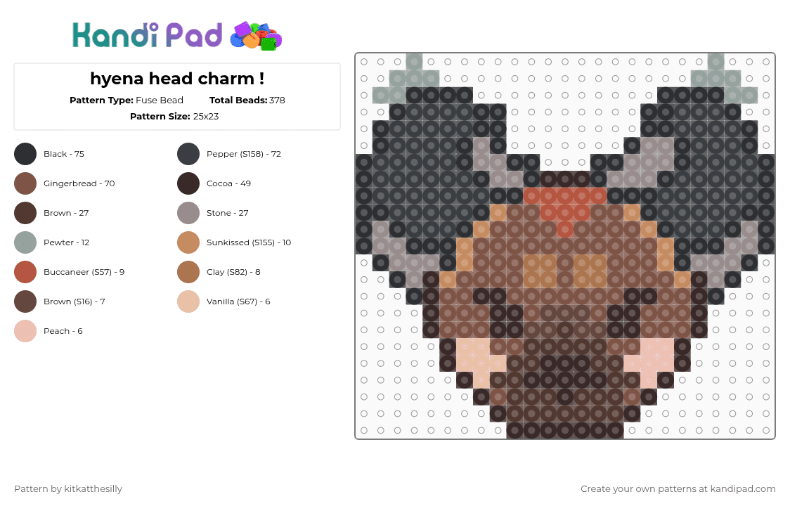 hyena head charm ! - Fuse Bead Pattern by kitkatthesilly on Kandi Pad - brown,tan,hyena,animal,wildlife,wilderness,dog,hound,cute,charm