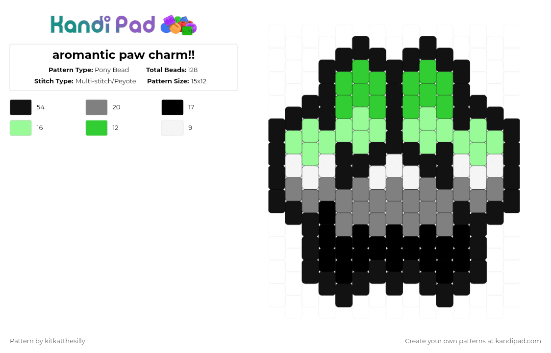 aromantic paw charm!! - Pony Bead Pattern by kitkatthesilly on Kandi Pad - black,gray,teal,pride,fur,furry,animal,cute,paw,paw print,charm