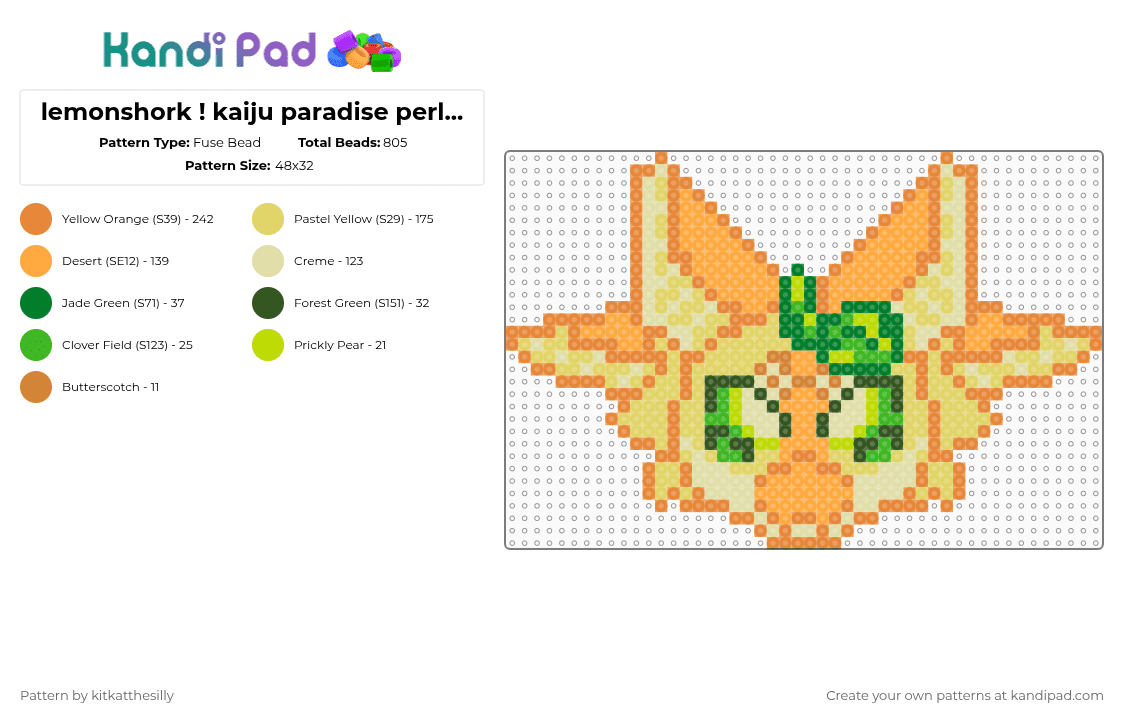 lemonshork ! kaiju paradise perler charm - Fuse Bead Pattern by kitkatthesilly on Kandi Pad - orange,yellow,shark,shork,kp,kaiju paradise,character,changed,transfur,gootraxian