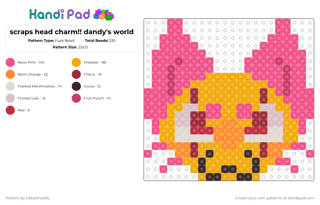 scraps head charm!! dandy\'s world - Fuse Bead Pattern by kitkatthesilly on Kandi Pad - orange,pink,scraps,dandys world,dw,mini,small,medium,yellow
