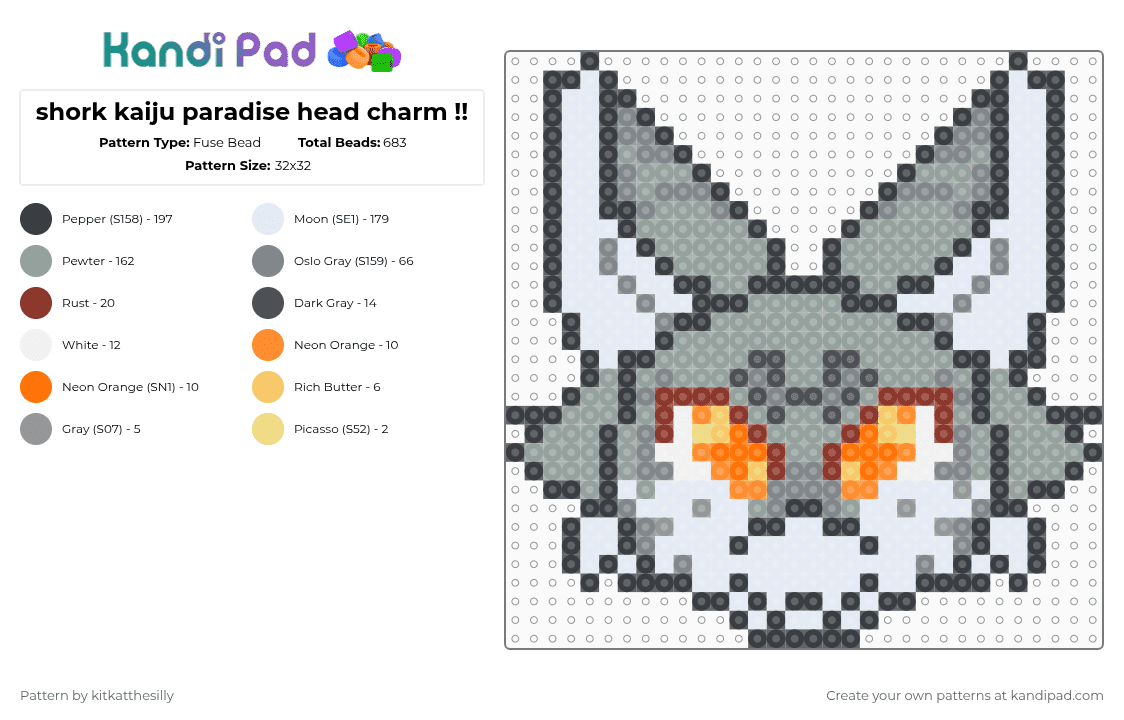 shork kaiju paradise head charm !! - Fuse Bead Pattern by kitkatthesilly on Kandi Pad - gray,kp,kaiju paradise,shork,tiger shork,raytraxian,gootraxian,changed,latex