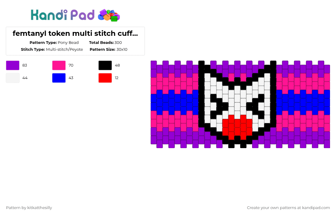femtanyl token multi stitch cuff!! variant #1 - Pony Bead Pattern by kitkatthesilly on Kandi Pad - purple,pink,femtanyl,token,music,artist,multistitch,cuff,cat,colorful
