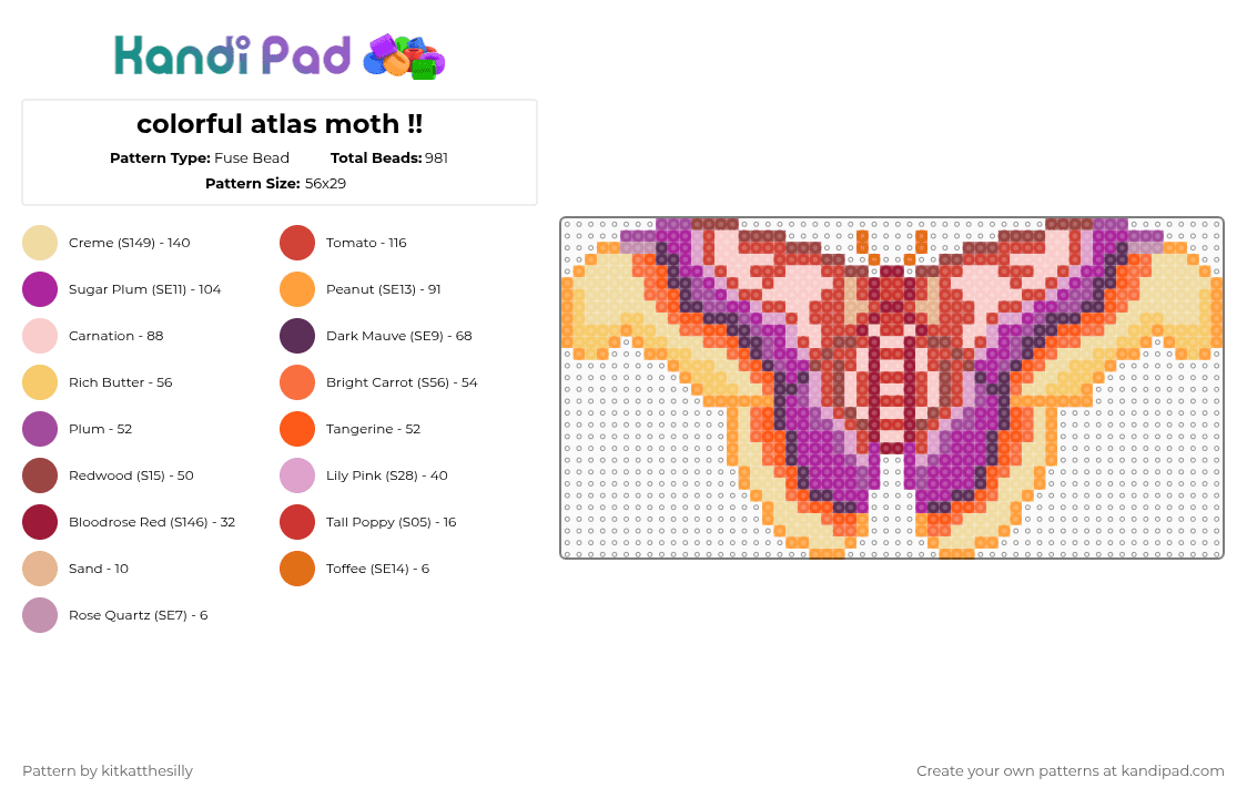 colorful atlas moth !! - Fuse Bead Pattern by kitkatthesilly on Kandi Pad - red,orange,pink,beige,moth,colorful,cute,nature,bugs,animal,woodsy,forest