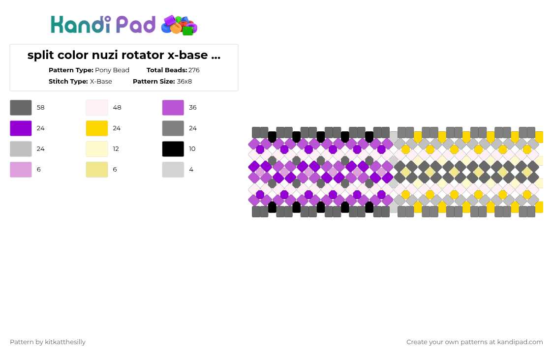 split color nuzi rotator x-base cuff! - Pony Bead Pattern by kitkatthesilly on Kandi Pad - gray,pink,yellow,n,uzi,murder drones,md,glitch,glitch studios,indie animation,purple yellow