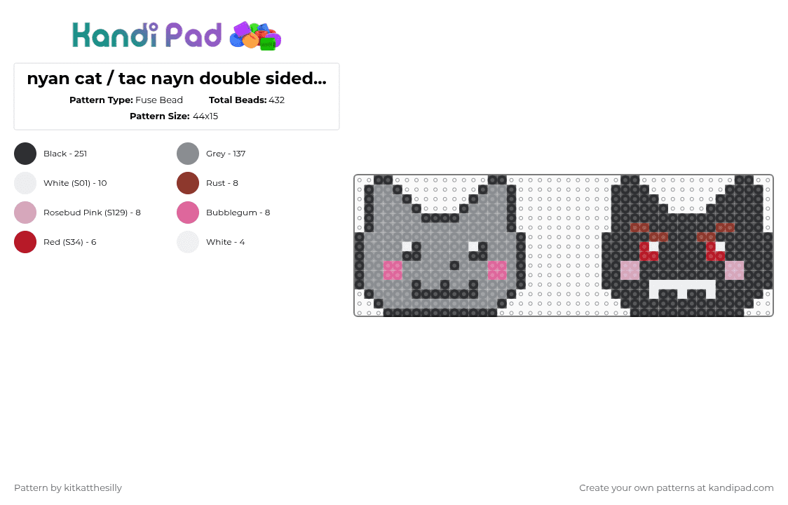 nyan cat / tac nayn double sided keychain!! - Fuse Bead Pattern by kitkatthesilly on Kandi Pad - black,gray,nyan cat,tac nayn,cute,cat,rainbow,emo,scene,scenecore
