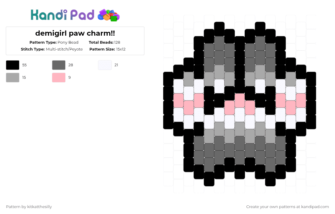 demigirl paw charm!! - Pony Bead Pattern by kitkatthesilly on Kandi Pad - gray,furry,paw,animal,cute,charm,peyote,fur,pride