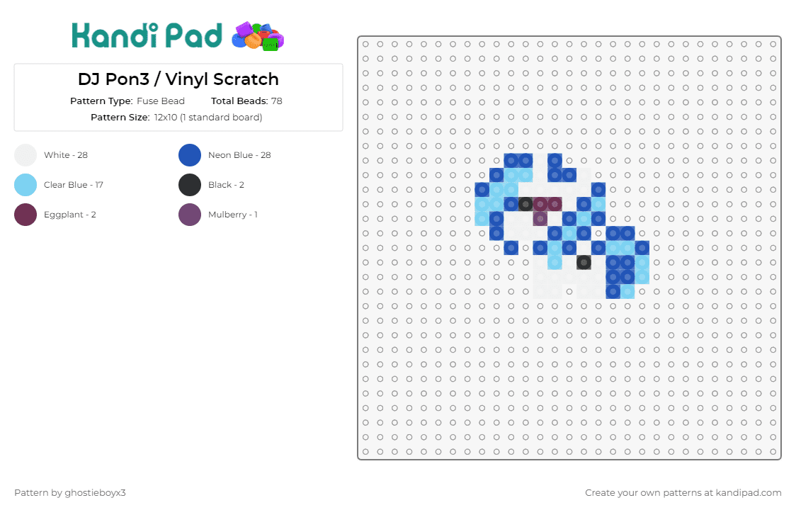 DJ Pon3 / Vinyl Scratch - Fuse Bead Pattern by ghostieboyx3 on Kandi Pad - dj pon3,my little pony,character,vinyl scratch,music,electronic,animated,blue,white