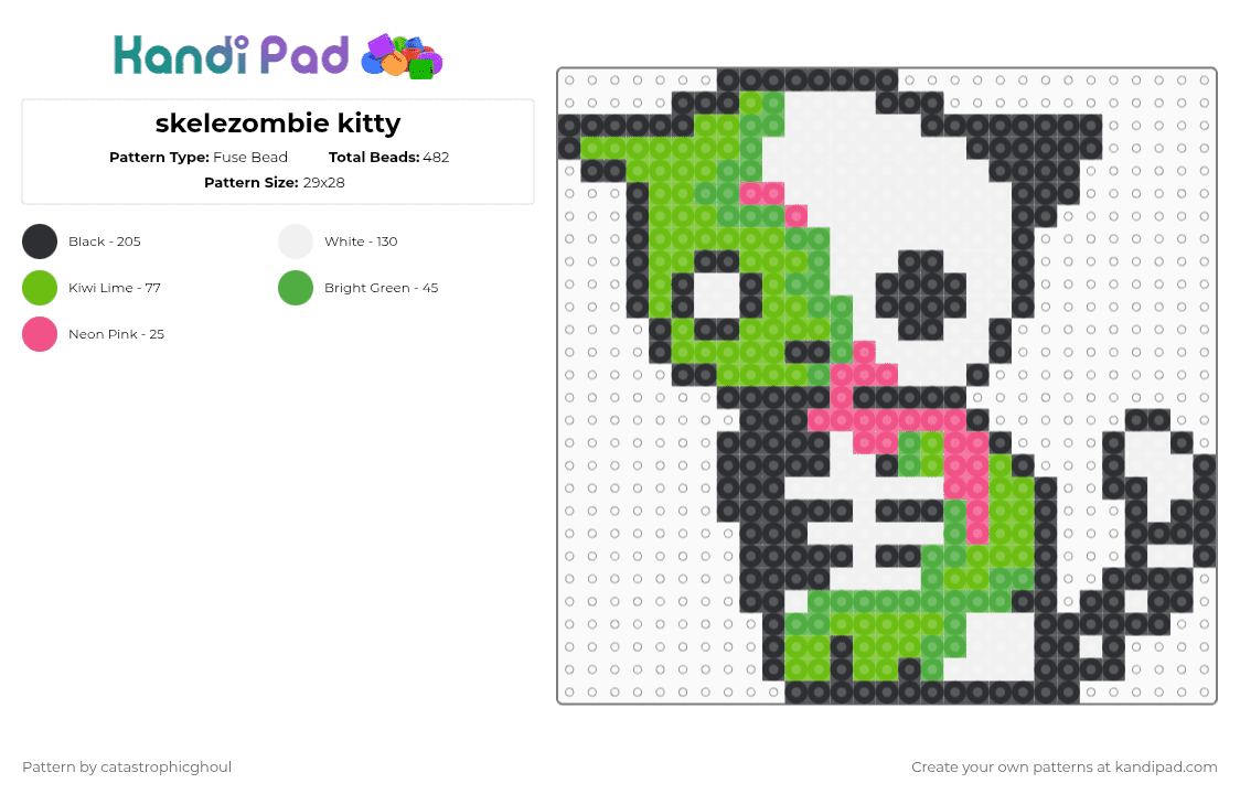 skelezombie kitty - Fuse Bead Pattern by catastrophicghoul on Kandi Pad - animal,halloween,holiday,spooky,green,zombie,skeleton,cat,kitty