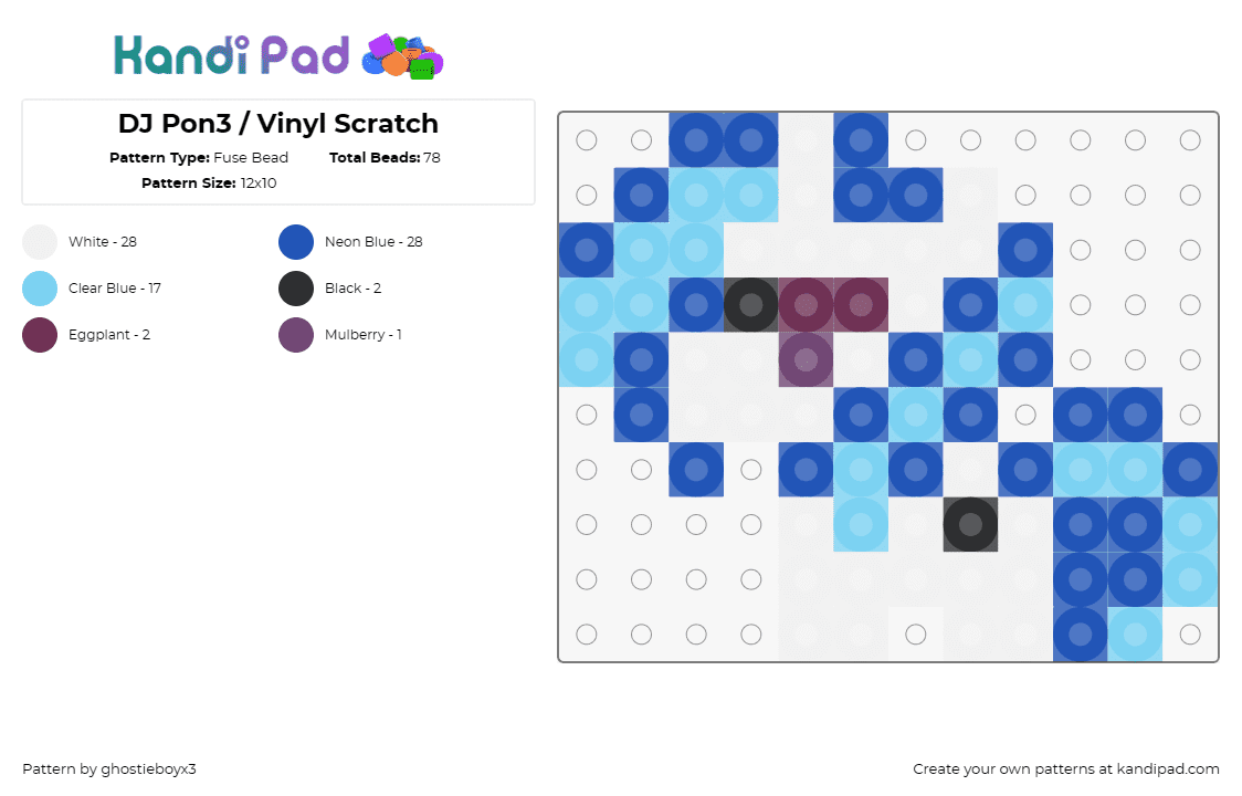 DJ Pon3 / Vinyl Scratch - Fuse Bead Pattern by ghostieboyx3 on Kandi Pad - dj pon3,my little pony,character,vinyl scratch,music,electronic,animated,blue,wh