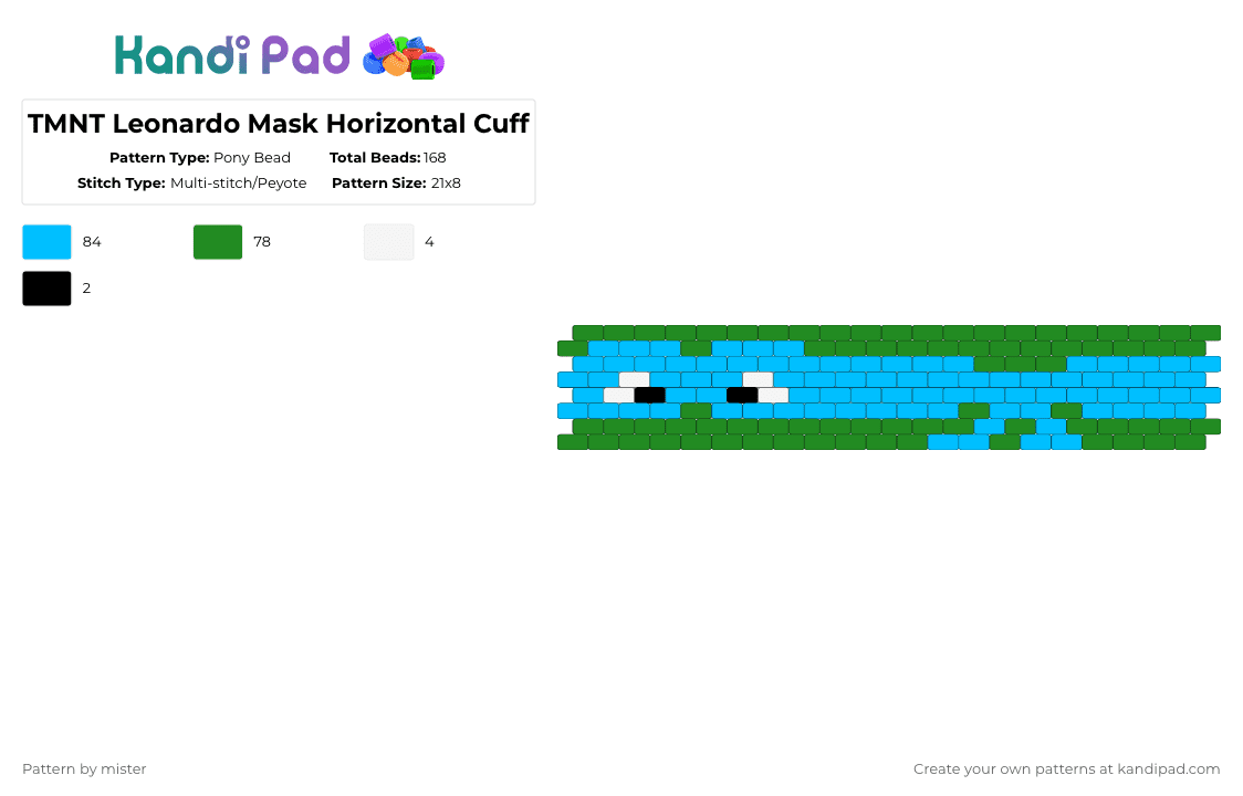 TMNT Leonardo Mask Horizontal Cuff - Pony Bead Pattern by mister on Kandi Pad - leonardo,mask,cartoon,turtle,ninja,comic book,animation,tv show,animal,character,green,light blue,cuff,horizontal,horizontal cuff,tmnt