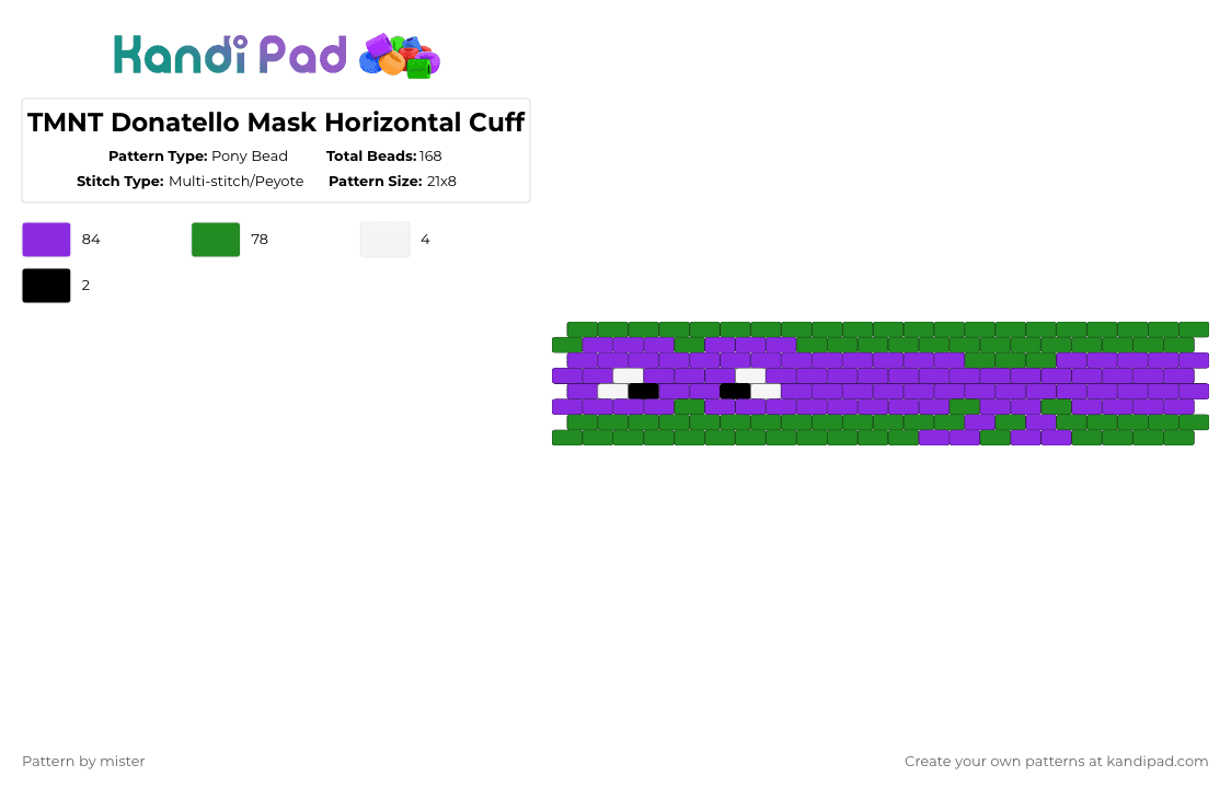 TMNT Donatello Mask Horizontal Cuff - Pony Bead Pattern by mister on Kandi Pad - donatello,mask,cartoon,turtle,teenage mutant ninja turtles,animation,comic book,superhero,ninja,fighting,tv show,animal,character,green,purple,cuff,tmnt,horizontal,horizontal cuff